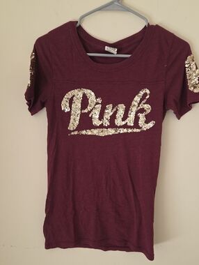 PINK Victoria's Secret Burgundy Tee with Gold Sequin Logo